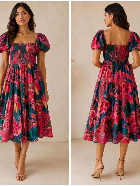 Crystal Sky Dresses & Skirts - Crystal Sky, Puff-Sleeve Floral Midi Dress in Fuchsia & Teal